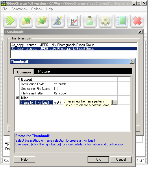 Parameters assignment dialog for automatic thumbnails creation