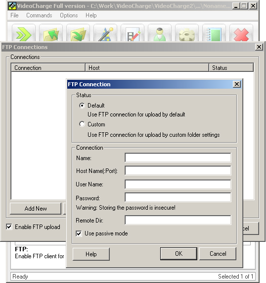 FTP connection parameters adjustment dialog